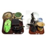A tin plate miniature record player with discs, oil lamp, glass dome, cow creamer, racing car teapot