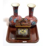 A pair of Wood & Sons ''Chung'' pattern vases and a Chinoiserie lacquered caddy top mantel clock,