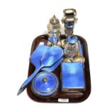 Silver castor, silver vase, pair of silver salts, silver and enamel dressing table set