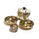 Silver sugar box; a pair of silver sugar bowls; and a continental silver salt