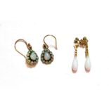 A pair of opal cluster drop earrings, stamped '375', with hook fittings; and a pair of opal drop