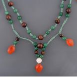 An Agate, Aventurine Quartz and Carnelian Necklace, pairs of aventurine quartz beads spaced by an