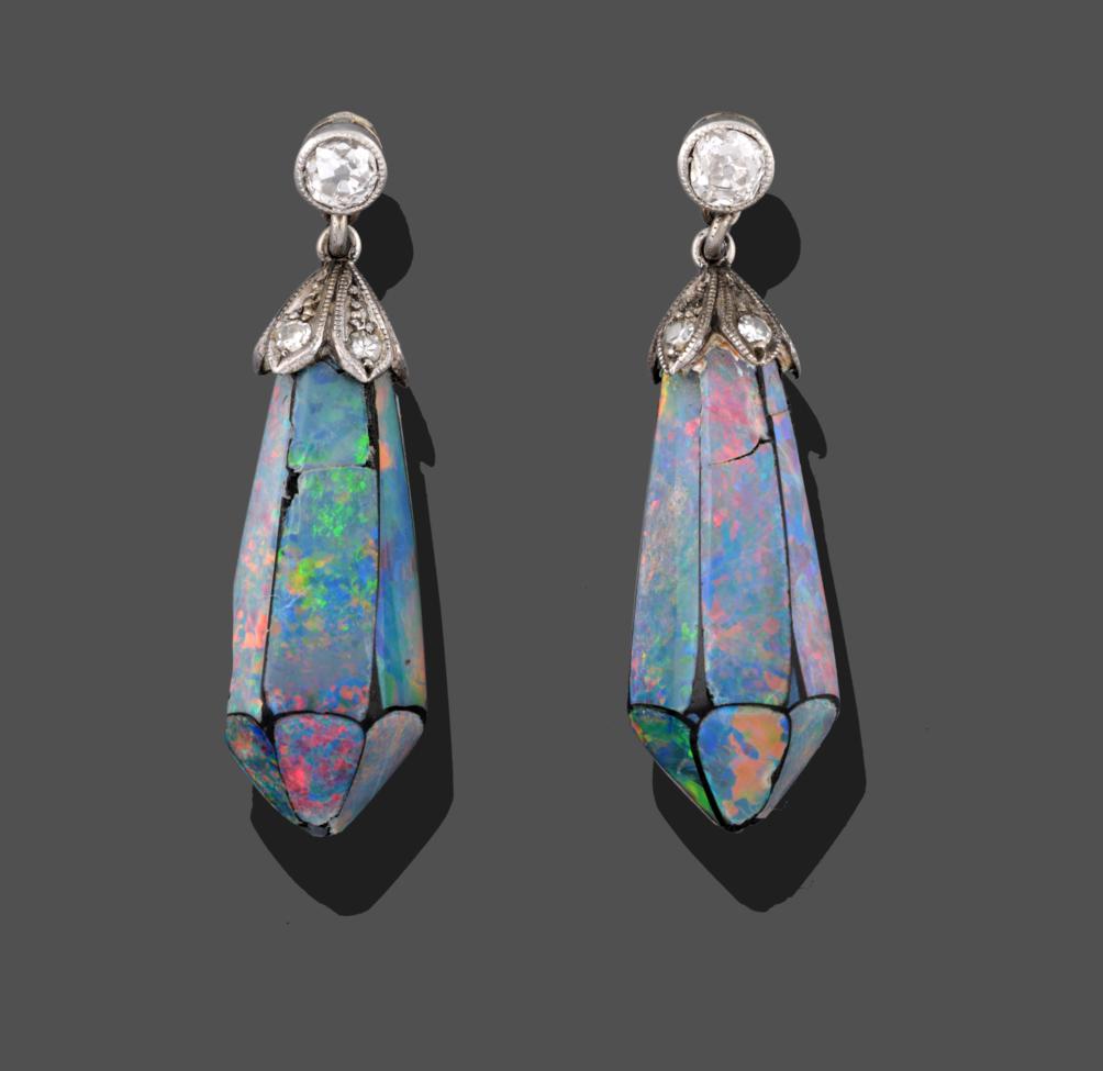 A Pair of Opal Doublet and Diamond Drop Earrings, the briolette opal doublet with a white cap set