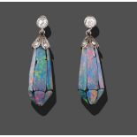 A Pair of Opal Doublet and Diamond Drop Earrings, the briolette opal doublet with a white cap set