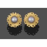 A Pair of 18 Carat Gold Mabe Pearl Earrings, the mabe pearls in yellow rubbed over settings to a