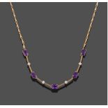 A 9 Carat Gold Amethyst and Diamond Necklace, five oval cut amethysts alternate with four round