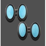 A Pair of Black and Blue Enamelled Cufflinks, chain linked oval blue panels within a black border