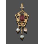 An Arts & Crafts Style Garnet and Moonstone Pendant, a fancy yellow bale suspends an oval cabochon