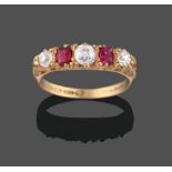 An 18 Carat Gold Ruby and Diamond Five Stone Ring, three graduated old cut diamonds alternate with