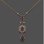 An Early 20th Century Amethyst, Diamond, Seed Pearl and Enamel Pendant Necklace, a round cut