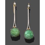 A Pair of Jade and Cultured Pearl Drop Earrings, an ornately carved jade cabochon in a white claw