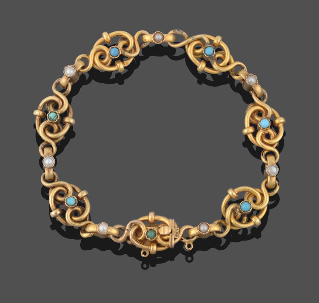 A Turquoise and Seed Pearl Bracelet, a fancy link yellow chain set throughout with seven alternating