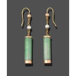 A Pair of Jade and Cultured Pearl Drop Earrings, jade barrels in yellow rubbed over settings chain