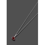 An 18 Carat White Gold Garnet and Diamond Pendant on Chain, the pendant comprised of a round