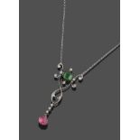 An Early 20th Century Diamond, Pink and Green Tourmaline Necklace, an octagonal step cut green