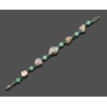 A Cultured Baroque Pearl, Emerald and Jade Bracelet, spherical emerald beads spaced alternately by