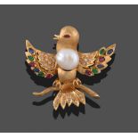 A Cultured Pearl, Ruby, Emerald, Sapphire and Diamond Bird Brooch, the bird realistically modelled