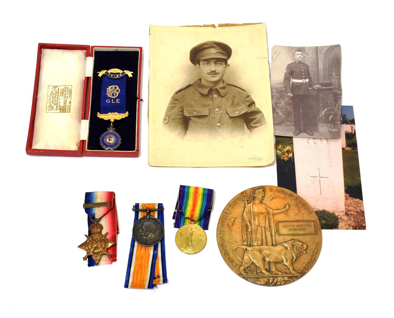 A First World War ''Mons'' Trio and Memorial Plaque, the trio comprising 1914 Star with clasp 5th