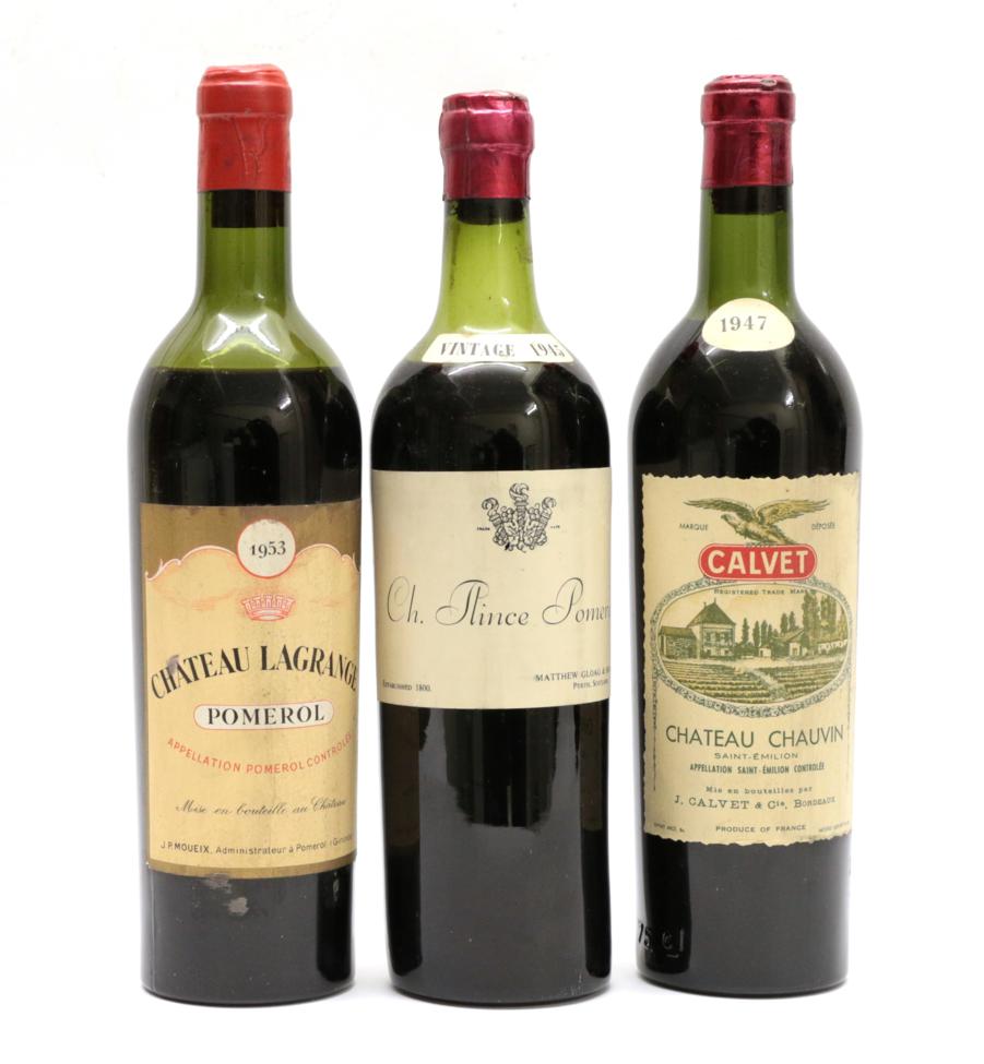 Château Plince Pomerol 1945 (one bottle), Château Chauvin Saint Émilion 1947 (one bottle), Château