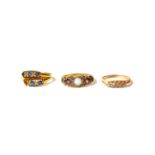 A 15 carat gold diamond five stone ring, finger size N; a 15 carat gold gem set ring, finger size