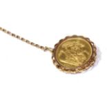 A double sovereign mounted as a brooch, dated 1887, diameter 3.7cm; and a length of chain,