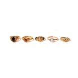 A 9 carat gold knot ring, finger size M; a knot ring, marks rubbed, band cut; two 9 carat gold dress