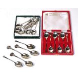 A collection of assorted silver spoons, including: a cased set of six Cooper Bros silver coffee