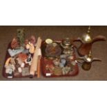 A collection of various Eastern soapstone and jade carvings and two Korean seals and brassware; To