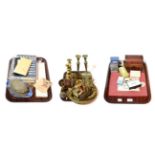 Assorted brassware including pair of candlesticks, desk calendar, brass bowls, leather casket; scent