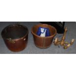 A 19th century copper log bin with swing handle; a copper riveted planter; and a gilt wood five