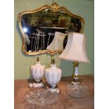 Pair of floral decorated table lamps; brass table lamp; two crystal bowls; a modern oil and a framed