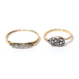 A diamond five stone ring, stamped '18CT', finger size V1/2; and a paste set ring, stamped '18CT',