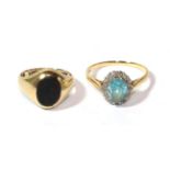 A blue zircon and diamond cluster ring, stamped '18CT', finger size J; and a 9 carat gold bloodstone