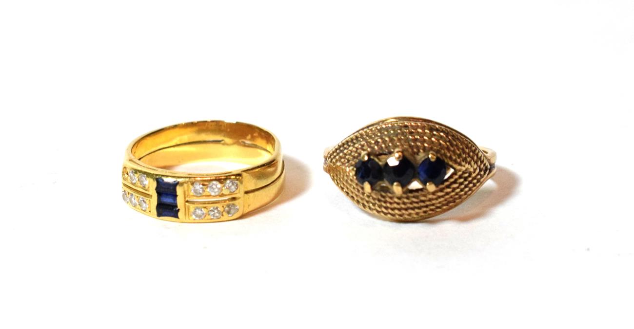 A sapphire and diamond ring, unmarked, out of shape (one diamond deficient); and a 9 carat gold