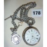 Victorian silver pocket watch with fob chain and attached medal. Face marked as W.H. Mason Clifton -