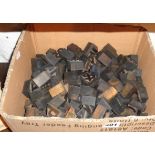 Box of printer's old carved wooden type letterpress blocks