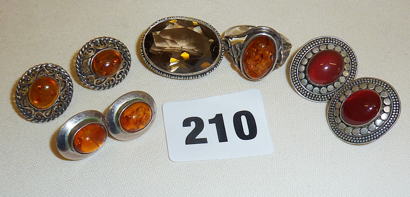 Vintage silver jewellery, amber earrings and ring, smoky quartz brooch, etc.