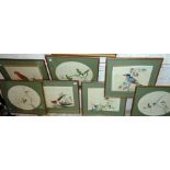 Set of seven framed coloured Oriental prints of birds