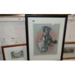 Pastel drawing of a dog and a cat and two colour engravings