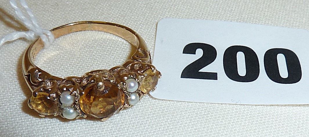 Citrine and seed pearl gold ring indistinctly marked as 18ct, size Q - Image 2 of 2