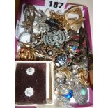 Collection of vintage jewellery, rings, enamel fob medallions, etc.