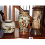 Chinese porcelain crackle ware vase, Japanese Satsuma vase and a Bretby Chinese style vase