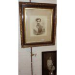 Large framed Edwardian photograph and portrait of a football player and another of a lady in a