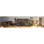 Shelf of assorted items of metalware, inc. old iron agricultural machine name plate "Reeves Patent