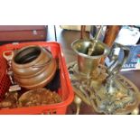 Early 19th c. brass pestle and mortar, a brass trivet and other metalware