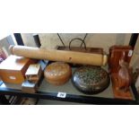 Various wood and lacquer boxes, oak pen tray, and pair of wooden elephant bookends