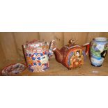 20th c. Chinese picnic basket tea pot, a Japanese moon shaped Satsuma tea pot and a similar vase