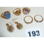 Five various 9ct gold rings set with various stones, inc. a large opal, and a pair of antique 9ct