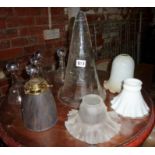 Three Victorian lamp shades, set of six contemporary glass stirrup cups and two other glass items