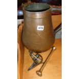 Large old 18th c. copper vessel with seamed body and loop handle, approx 12" high together with a